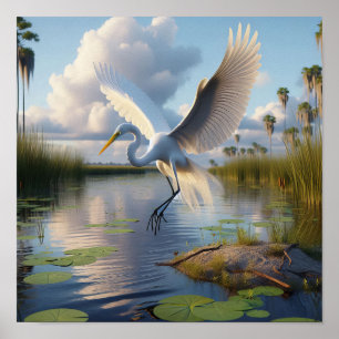 Póster Majestuosa Gran Egret en los tranquilos humedales