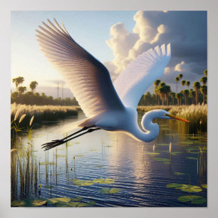 Póster Majestuosa Gran Egret en los tranquilos humedales