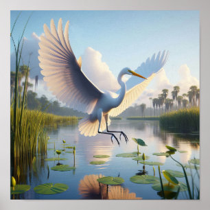 Póster Majestuosa Gran Egret en los tranquilos humedales