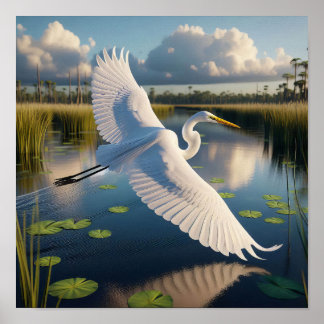 Póster Majestuosa Gran Egret en los tranquilos humedales