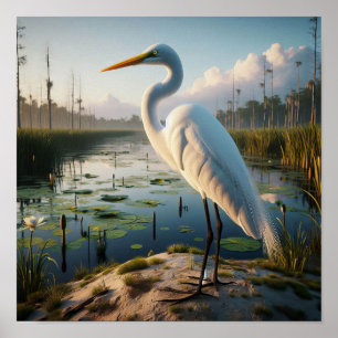 Póster Majestuosa Gran Egret en los tranquilos humedales
