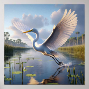 Póster Majestuosa Gran Egret en los tranquilos humedales