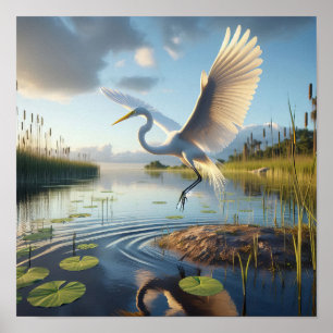 Póster Majestuosa Gran Egret en los tranquilos humedales
