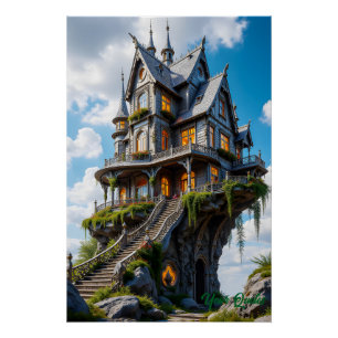 Póster Majestuosa Mansión Gótica al Borde del Acantilado