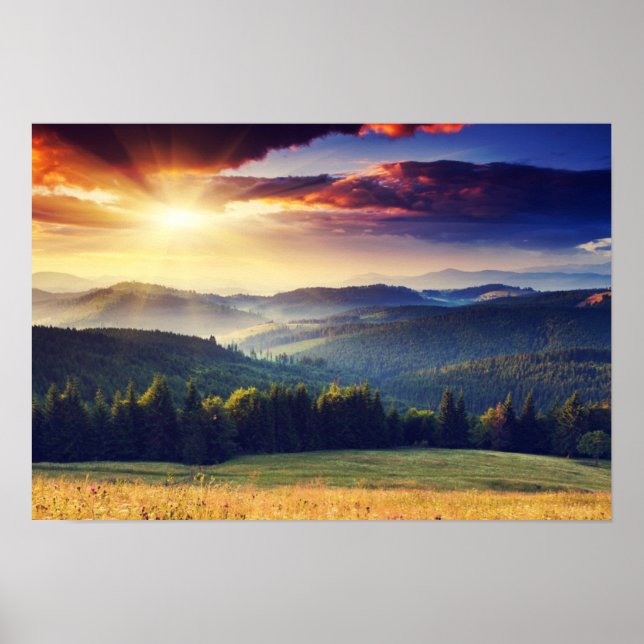 Póster Majestuosa puesta de sol en el paisaje montañoso 4 (Frente)