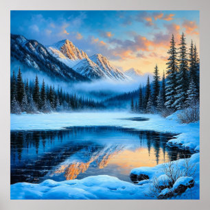Póster Majestuosas Montañas Cubiertas de Nieve Reflejándo