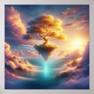 Póster Majestuoso árbol dorado sobre cielos oceánicos oní