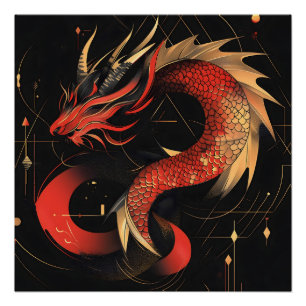 Póster Majestuoso Arte Dragón Chino Rojo y Oro