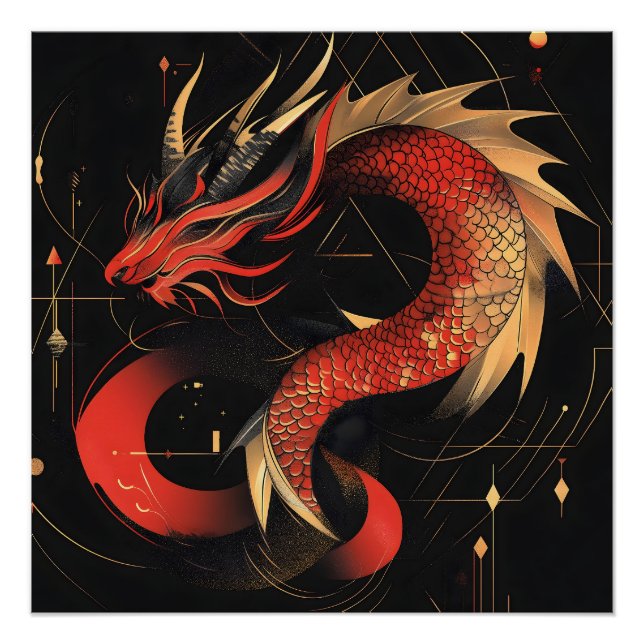 Póster Majestuoso Arte Dragón Chino Rojo y Oro (Anverso)