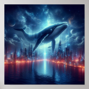 Póster Majestuoso ballena sobre el horizonte de la ciudad