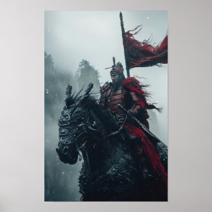 Póster Majestuoso caballero armado rojo montando un Poste
