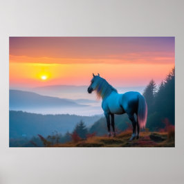 Póster Majestuoso caballo blanco en la montaña al amanece