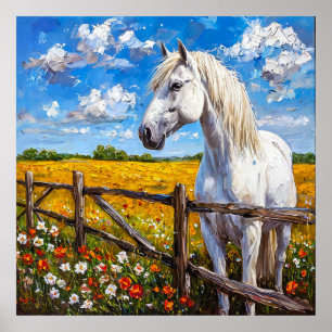Póster Majestuoso caballo blanco junto a una valla rústic