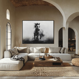 Póster Majestuoso caballo galopante en blanco y negro