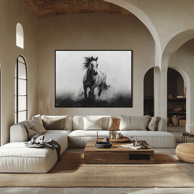 Póster Majestuoso caballo galopante en blanco y negro (Subido por el creador)