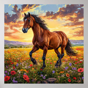 Póster Majestuoso caballo marrón corriendo