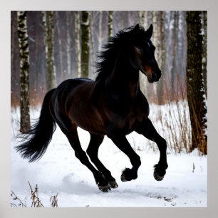 Póster Majestuoso caballo negro en la nieve