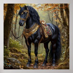 Póster Majestuoso caballo negro en lujosos adornos de oro