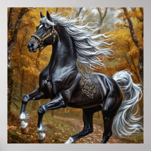 Póster Majestuoso caballo negro en un bosque otoñal