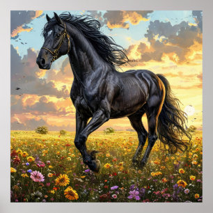 Póster Majestuoso caballo negro galopando a través de una