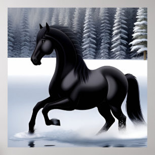 Póster Majestuoso caballo negro que caracolea sobre una s