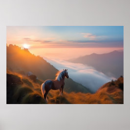 Póster Majestuoso caballo rojo en la montaña al amanecer
