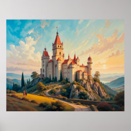 Póster Majestuoso castillo de montaña al atardecer en pin