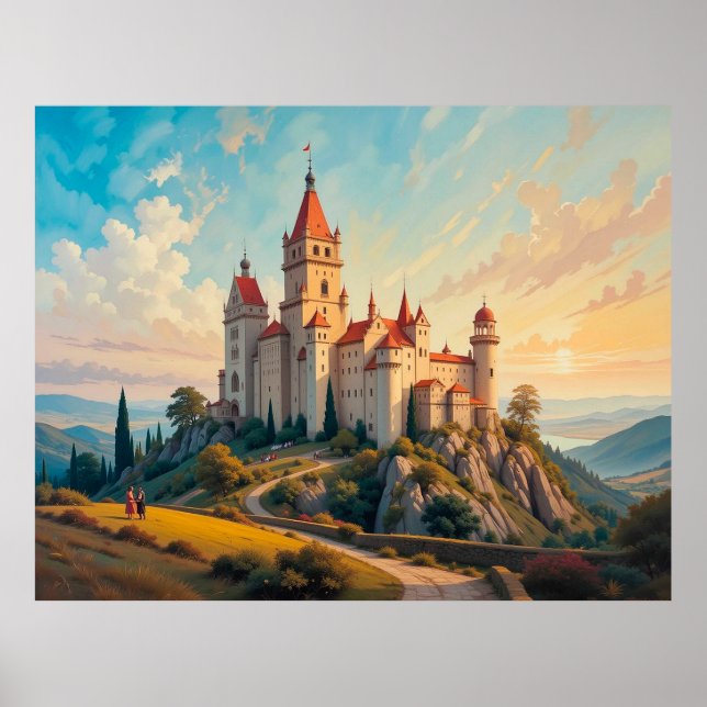Póster Majestuoso castillo de montaña al atardecer en pin (Frente)
