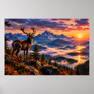 Póster Majestuoso ciervo de pie en una montaña al atardec