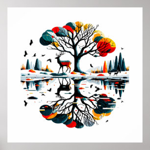 Póster Majestuoso ciervo en bosque invernal nevado