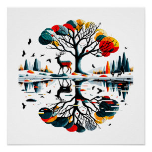 Póster Majestuoso ciervo en bosque invernal nevado