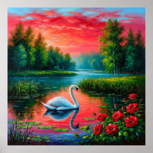 Póster Majestuoso cisne deslizándose en un lago sereno