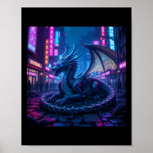Póster Majestuoso Dragón Cyberpunk En Neon City Sti
