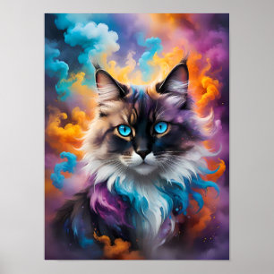 Póster Majestuoso gato fluffy con ojos azules perdidos