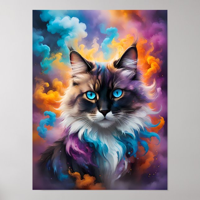 Póster Majestuoso gato fluffy con ojos azules perdidos (Frente)
