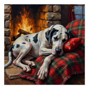 Póster Majestuoso Gran Danés Dormido junto a la Chimenea