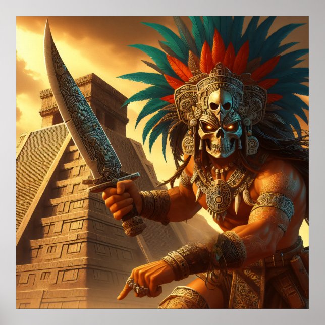 Póster Majestuoso guerrero azteca de cascos dorados (Frente)