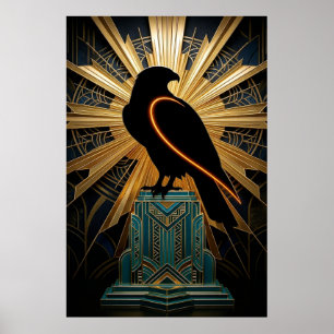 Póster Majestuoso halcón con silueta Art Deco en oro y az