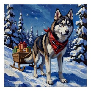 Póster Majestuoso Husky Siberiano Tirando Trineo de Navid