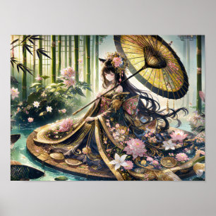 Póster Majestuoso Kimono Floral Bajo Canopa De Bambú