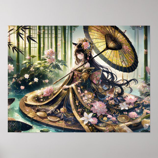 Póster Majestuoso Kimono Floral Bajo Canopa De Bambú (Frente)