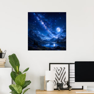 Póster Majestuoso lago de montaña bajo un cielo estrellad