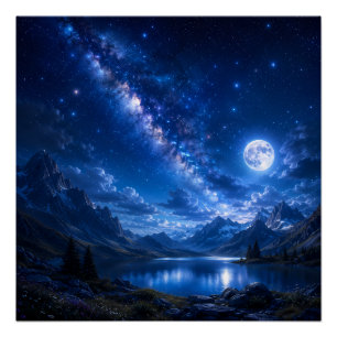 Póster Majestuoso lago de montaña bajo un cielo nocturno 