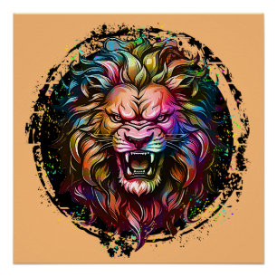 PÓSTER MAJESTUOSO LEÓN RUGIENDO ABSTRACTO GEOMÉTRICO COLO