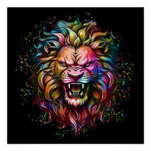 PÓSTER MAJESTUOSO LEÓN RUGIENDO ABSTRACTO GEOMÉTRICO COLO