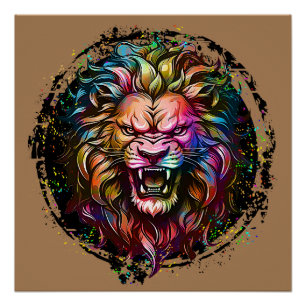 PÓSTER MAJESTUOSO LEÓN RUGIENDO ABSTRACTO GEOMÉTRICO COLO