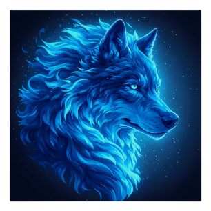 Póster Majestuoso Lobo Azul Brillante Arte de Fantasía de