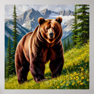 Póster Majestuoso Oso Pardo en Pradera Montañosa
