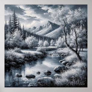 Póster Majestuoso paisaje montañoso con río, pinos