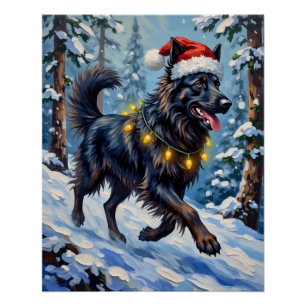 Póster Majestuoso Pastor Belga Bosque de Nieve Navidad